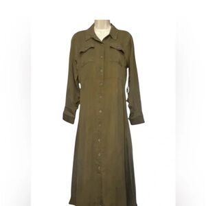 Spartina 449 Peyton Olive Green Button Down Long Sleeve Midi Shirt Dress M